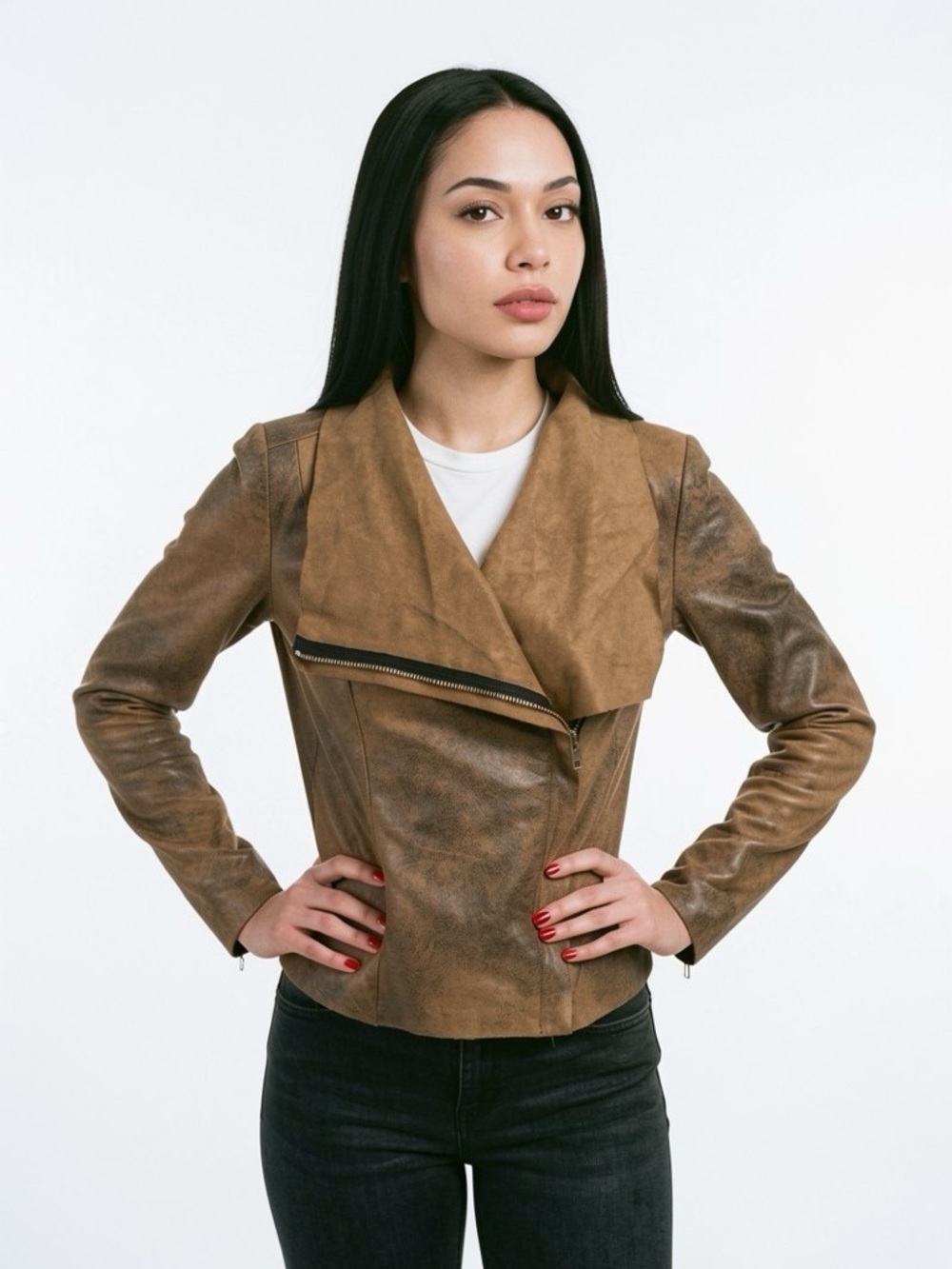 ZARA WOMAN Brown Faux Leather Moto Jacket Asymmetrical Zip Medium